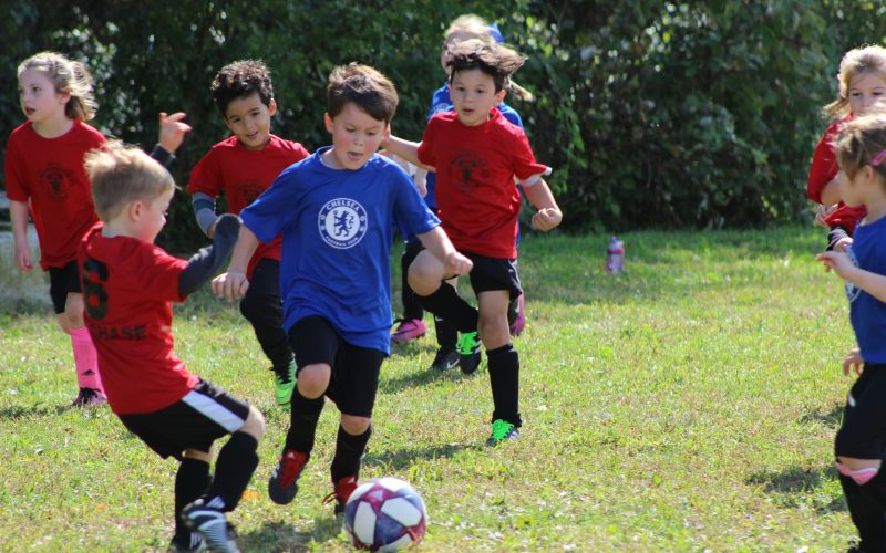 boy in red and blue soccer jersey kicking soccer ball on green grass field during daytime